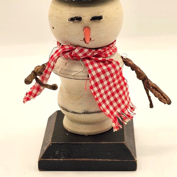 Primitive Snowman Candle Holder Handcrafted Folk Art Christmas Decor Black Hat - Picture 4 of 8